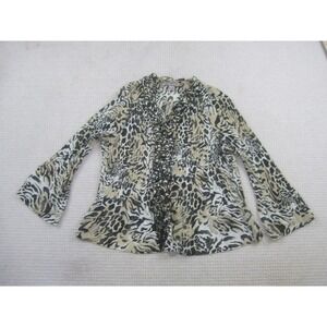 Tanjay Womens Blouse‎ 14 Black Brown Tiger Tunic Ruffled Front Long Sleeve